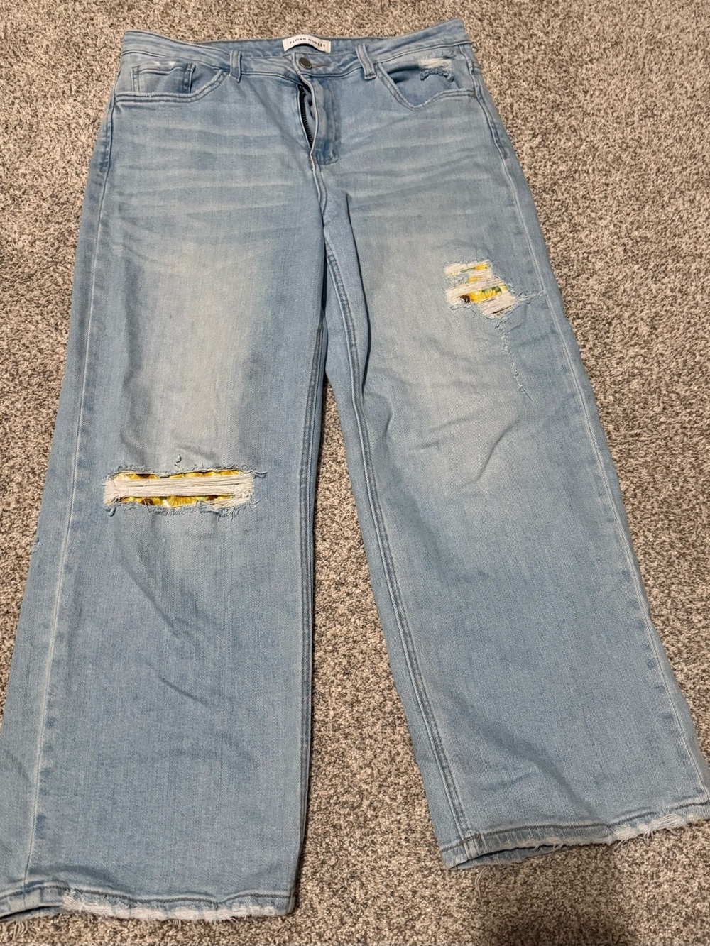 Flying Monkey Light Blue Wide Leg Distressed Jeans with Yellow Patch